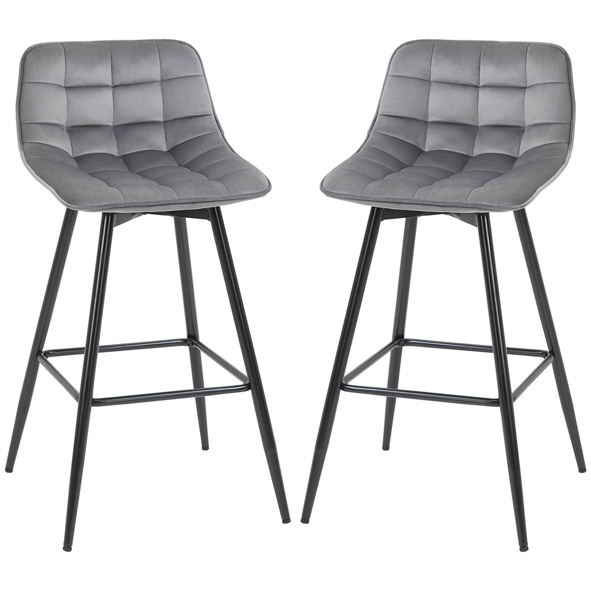 HOMCOM Set of 2 Bar stools With Backs Velvet-Touch Dining Chairs Kitchen Counter Chairs  Fabric Upholstered seat with Metal Legs, Backrest, Grey