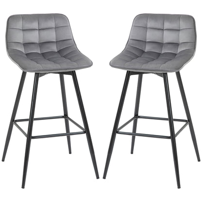 HOMCOM Set of 2 Bar stools With Backs Velvet-Touch Dining Chairs Kitchen Counter Chairs  Fabric Upholstered seat with Metal Legs, Backrest, Grey