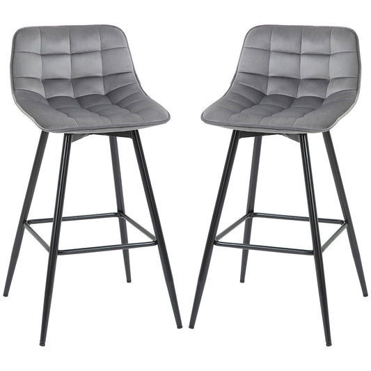 HOMCOM Set of 2 Bar stools With Backs Velvet-Touch Dining Chairs Kitchen Counter Chairs  Fabric Upholstered seat with Metal Legs, Backrest, Grey