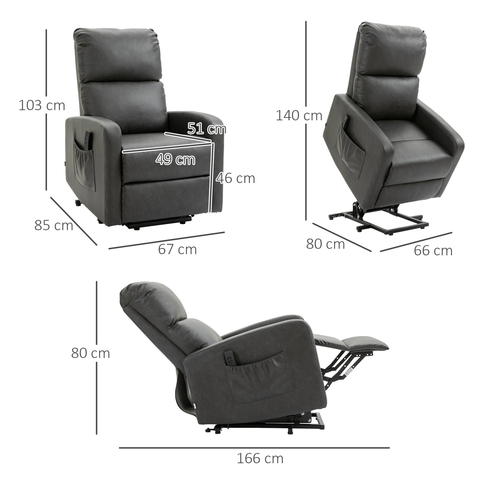 HOMCOM Riser and Recliner Chairs for the Elderly, PU Leather Upholstered Lift Chair for Living Room with Remote Control, Side Pockets, Charcoal Grey