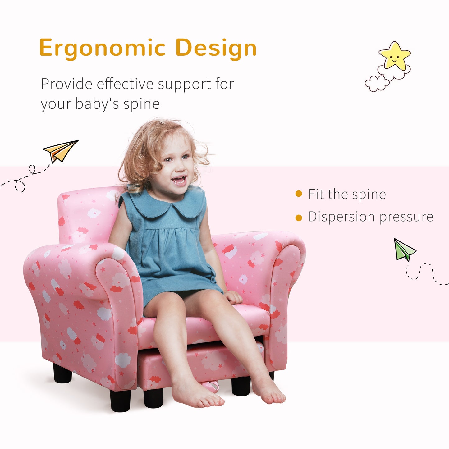 HOMCOM Kids Children Armchair Mini Sofa Wood Frame w/ Footrest Anti-Slip Legs High Back Arms Bedroom Playroom Furniture Cute Cloud Star Pink