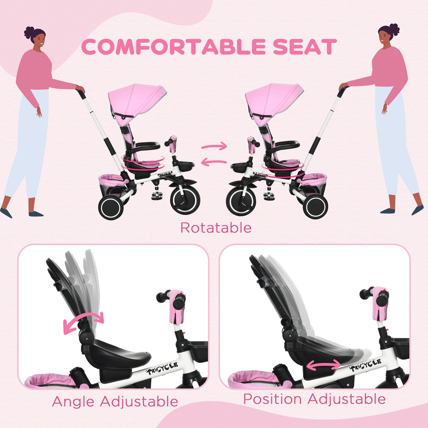 HOMCOM 7-in-1 Tricycle for Kids, Baby Trike with Rotatable Seat, Adjustable Push Handle Safety Harness Detachable Canopy Semi-reclining Footrest Pink