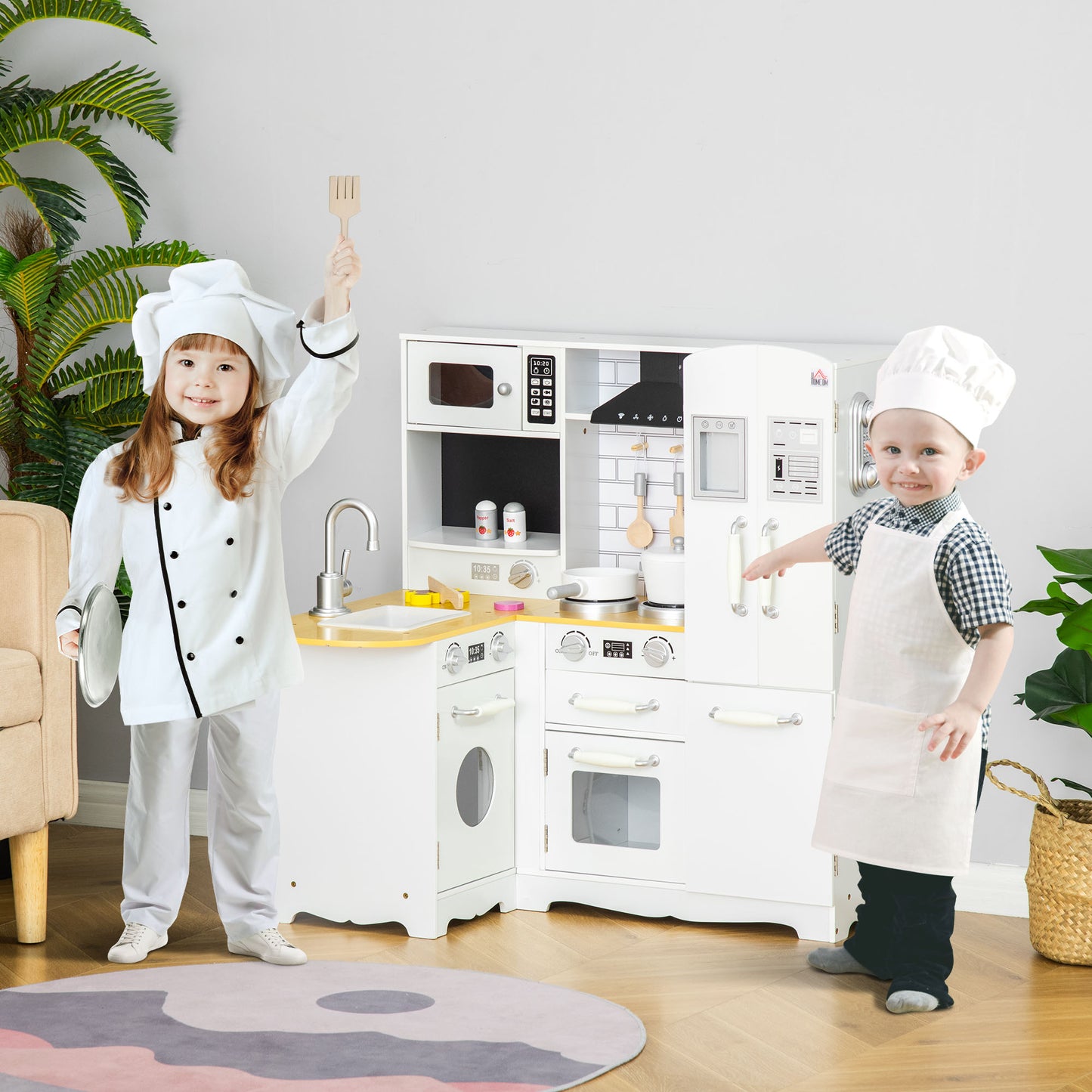 HOMCOM Kids Wooden Kitchen, Large Pretend Role Play Kitchen w/ Realistic Refrigerator, Microwave, Oven, Range Hood, Sink, Telephone