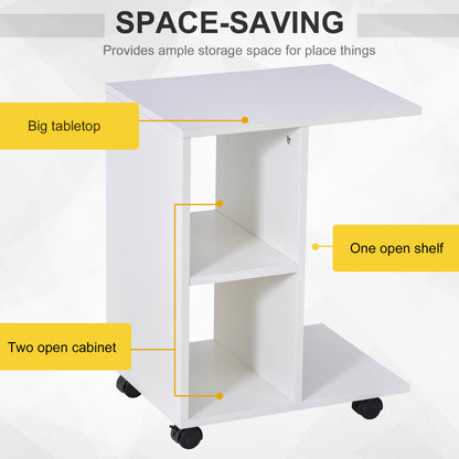 HOMCOM C-Shape End Table Unique Storage Unit w/ 2 Shelves 4 Wheels Freestanding Home Office Furniture Cabinet Square Studio White