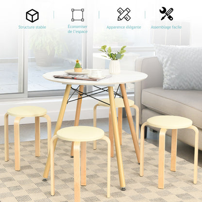 Set of 4 Padded Stackable Wooden Upholstered Round Bar Dining Stools-Natural