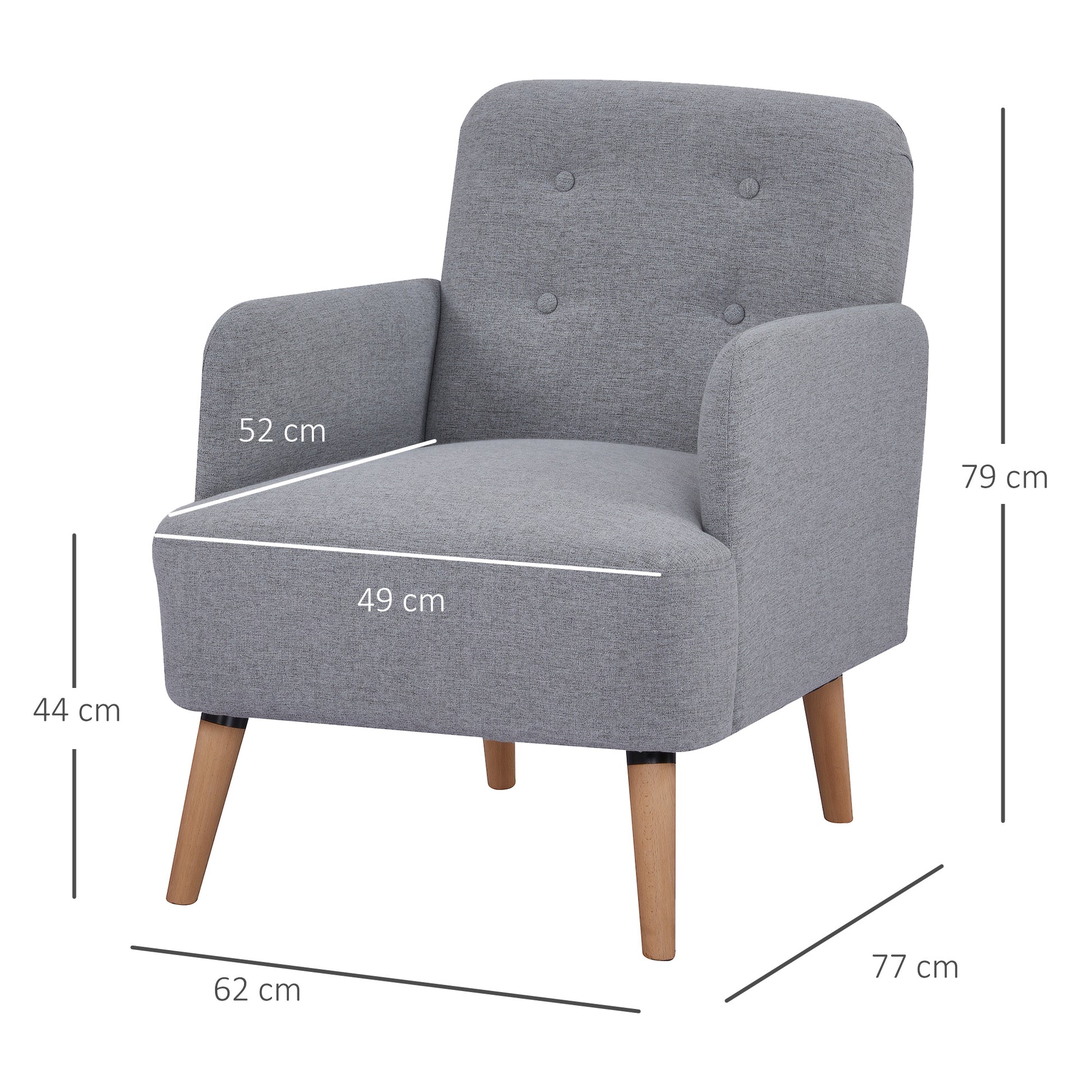 HOMCOM Upholstered Armchair, Nature Wood Frame Living Room Chairs with Birch Wood Legs & Thick Padding Seat and Button Mid-Back, Light Grey