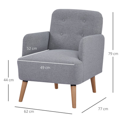 HOMCOM Upholstered Armchair, Nature Wood Frame Living Room Chairs with Birch Wood Legs & Thick Padding Seat and Button Mid-Back, Light Grey