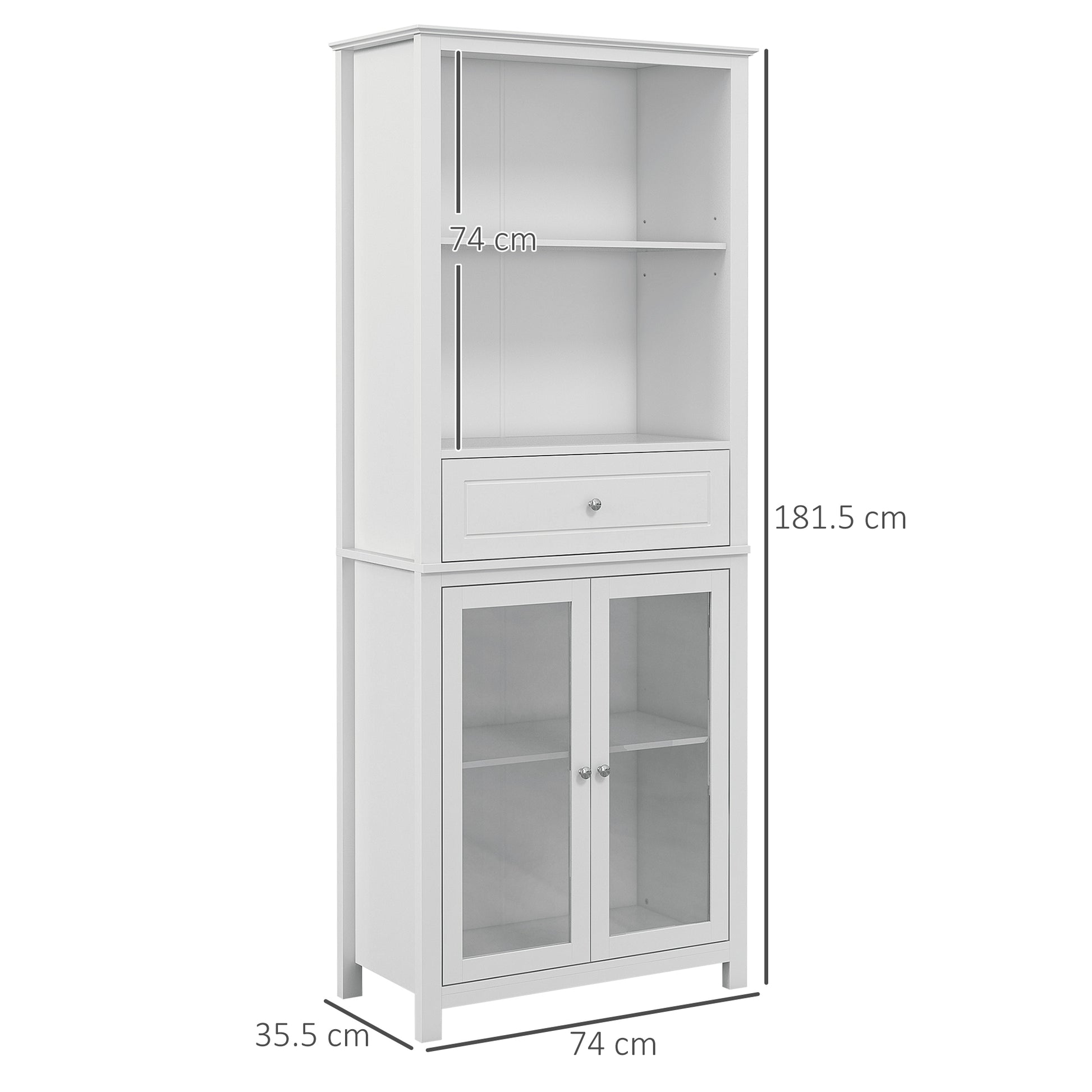 HOMCOM Kitchen Cupboard, Pantry Storage Cabinet w/ Tempered Glass Doors, Drawer, Open Shelf, Adjustable Shelves, 181.5 cm, White