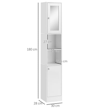 HOMCOM Tall Bathroom Storage Cabinet with Mirror, Freestanding Floor Cabinet Tallboy Unit with Adjustable Shelves, White