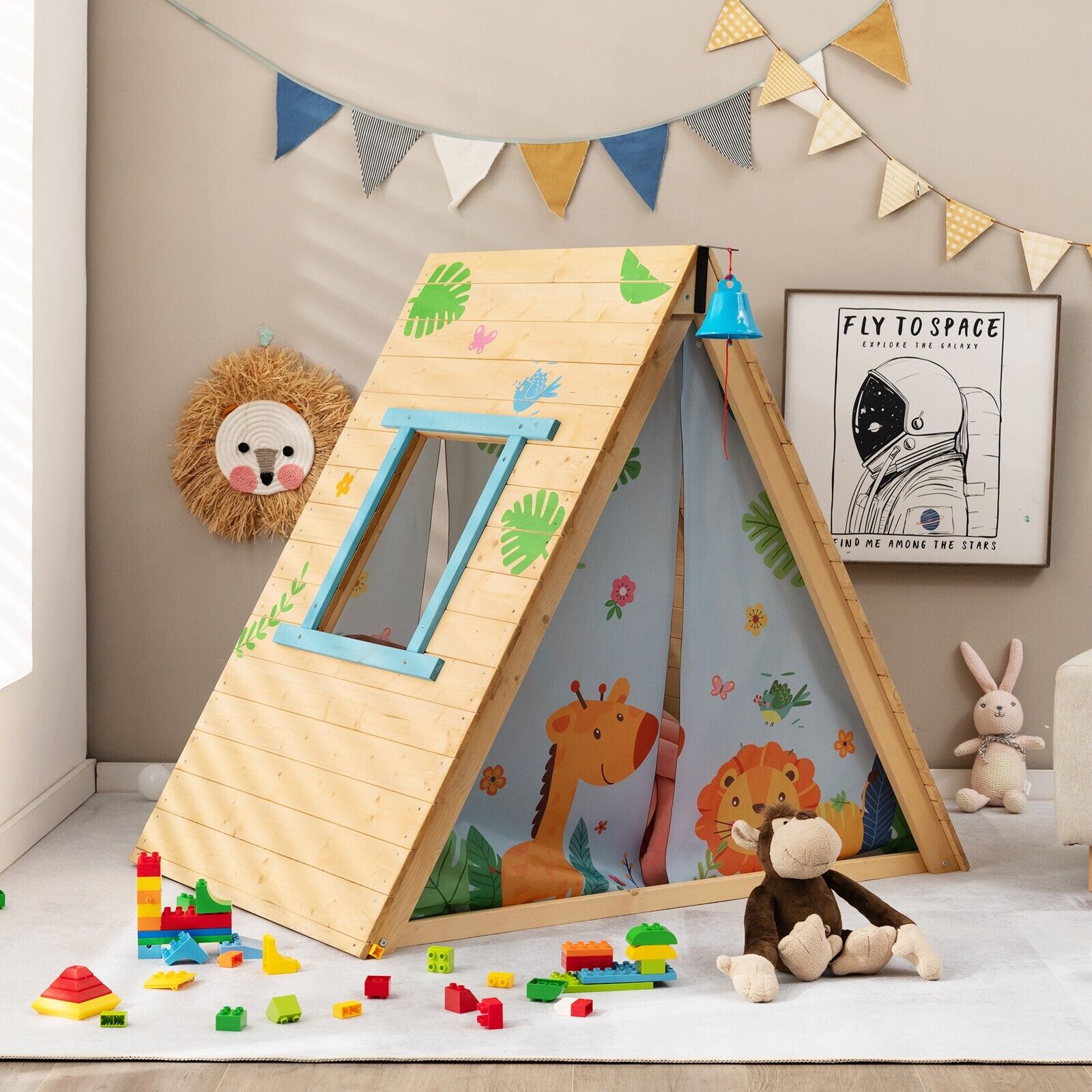 2-in-1 Children Climbing Playhouse with Front Bell and Window