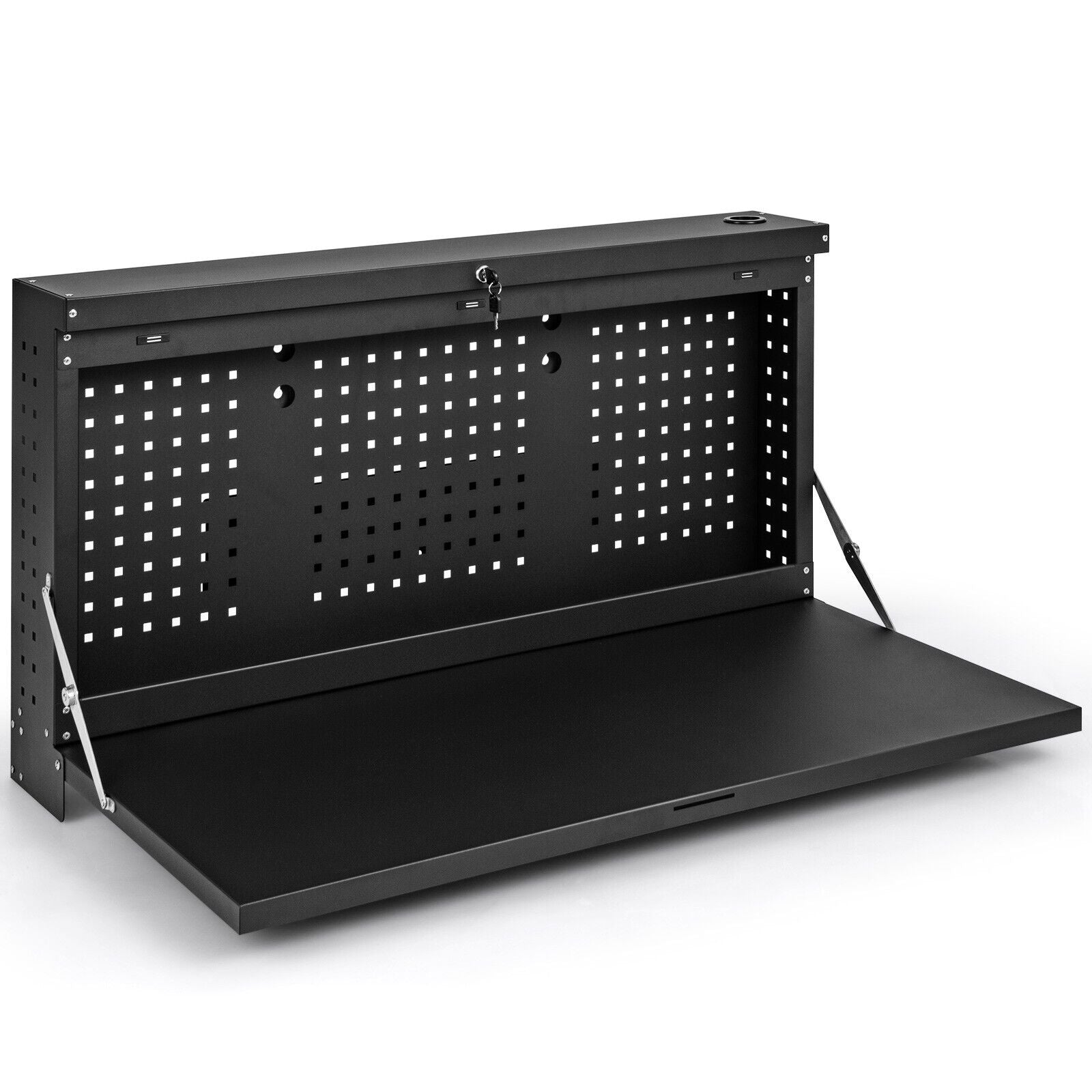 Wall-mounted Folding Workbench with Pegboard-Black