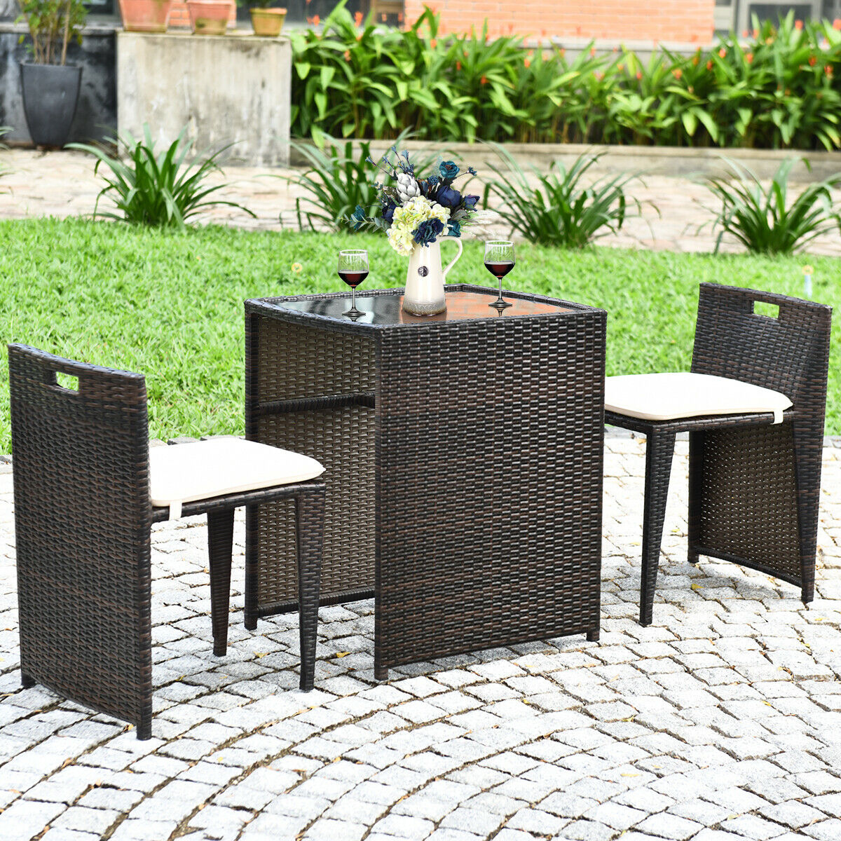 3 Pieces Wicker Bistro Set with Glass Tabletop and Cushions