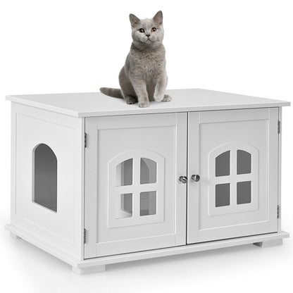 Wooden Cat Litter Box House with Double Doors and Windows-White