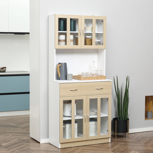 HOMCOM Modern Kitchen Cupboard, Freestanding Storage Cabinet Hutch with Central Drawer, 2 Glass Door Cabinets and Countertop,180cm