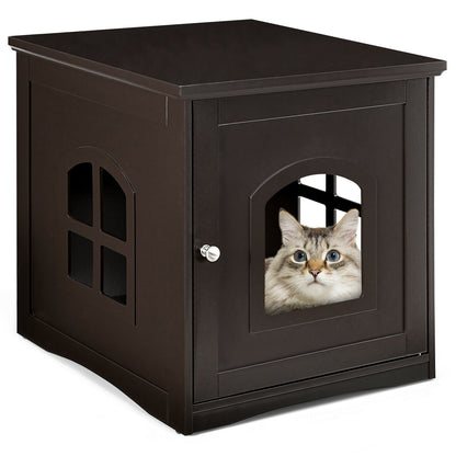 Decorative Cat House Side Table with Window-Brown