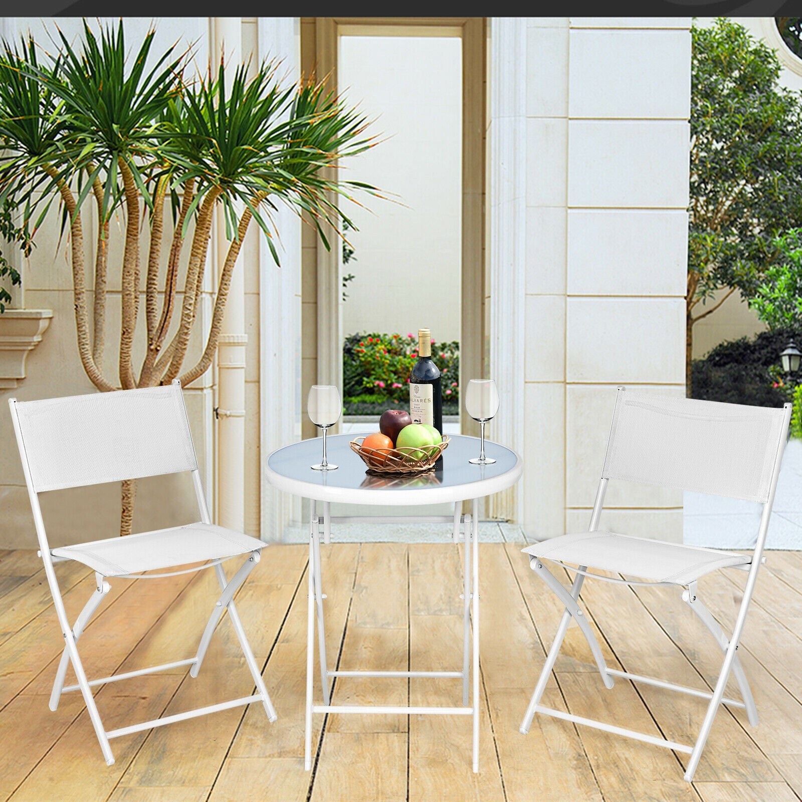 3pcs Patio Bistro Folding Table and Chair Set-White