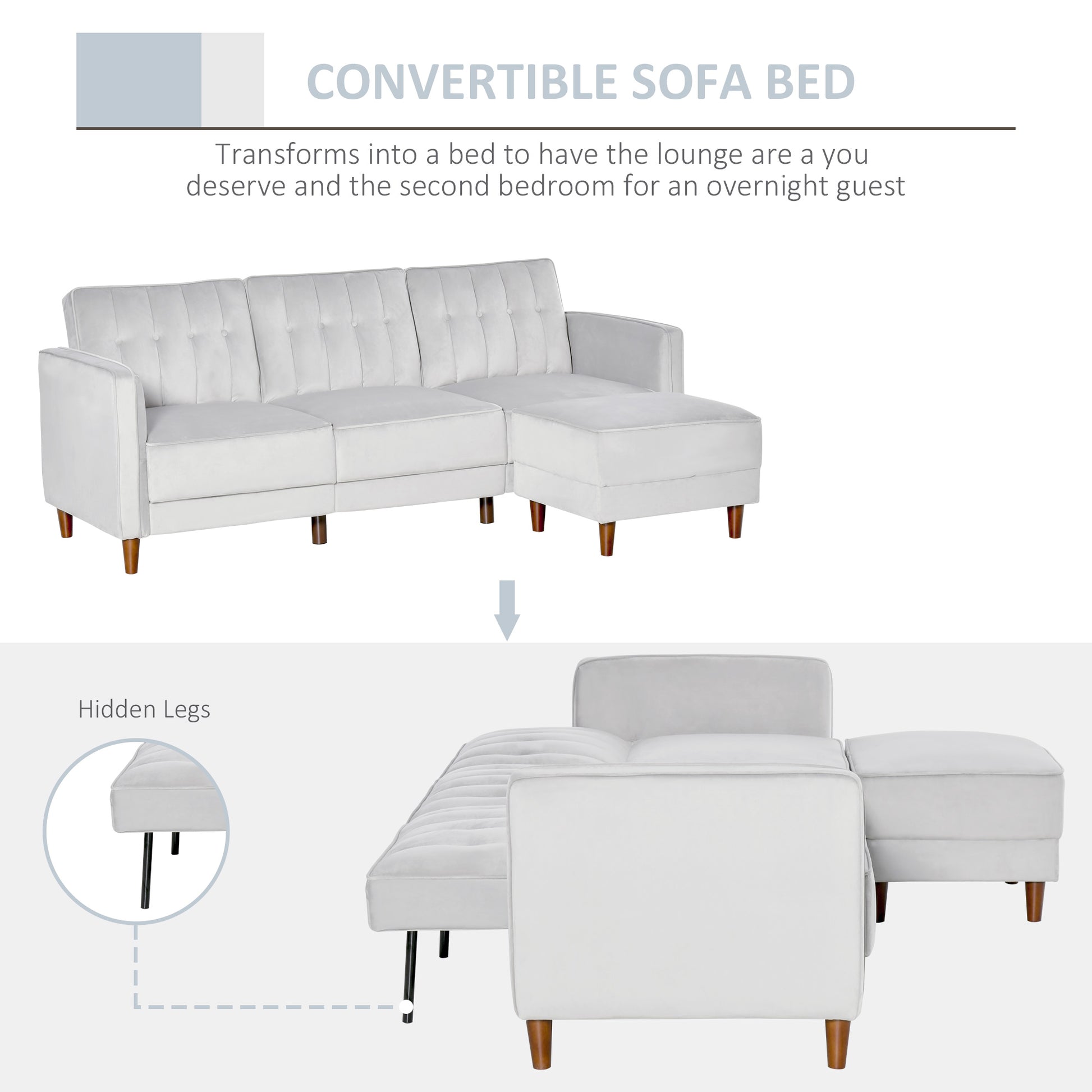 HOMCOM Corner Sofa Bed Reversible 3-Seater Sectional Sofa Set Velvet-Touch Sleeper Futon with Footstool, Light Grey