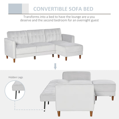 HOMCOM Corner Sofa Bed Reversible 3-Seater Sectional Sofa Set Velvet-Touch Sleeper Futon with Footstool, Light Grey