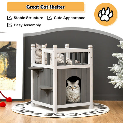 2 Storey Wooden Cat House with Outer Steps to Upper Storey