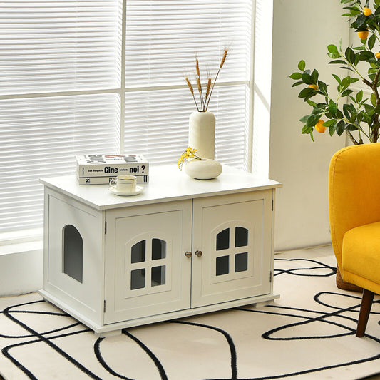 Wooden Cat Litter Box House with Double Doors and Windows-White