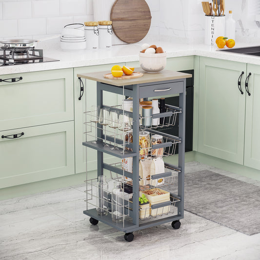 HOMCOM Kitchen Trolley, Multi-Use Kitchen Island w/ 4 Baskets 2 Side Racks 4 Wheels Food Storage Smooth Rolling Compact Furniture Dark Grey