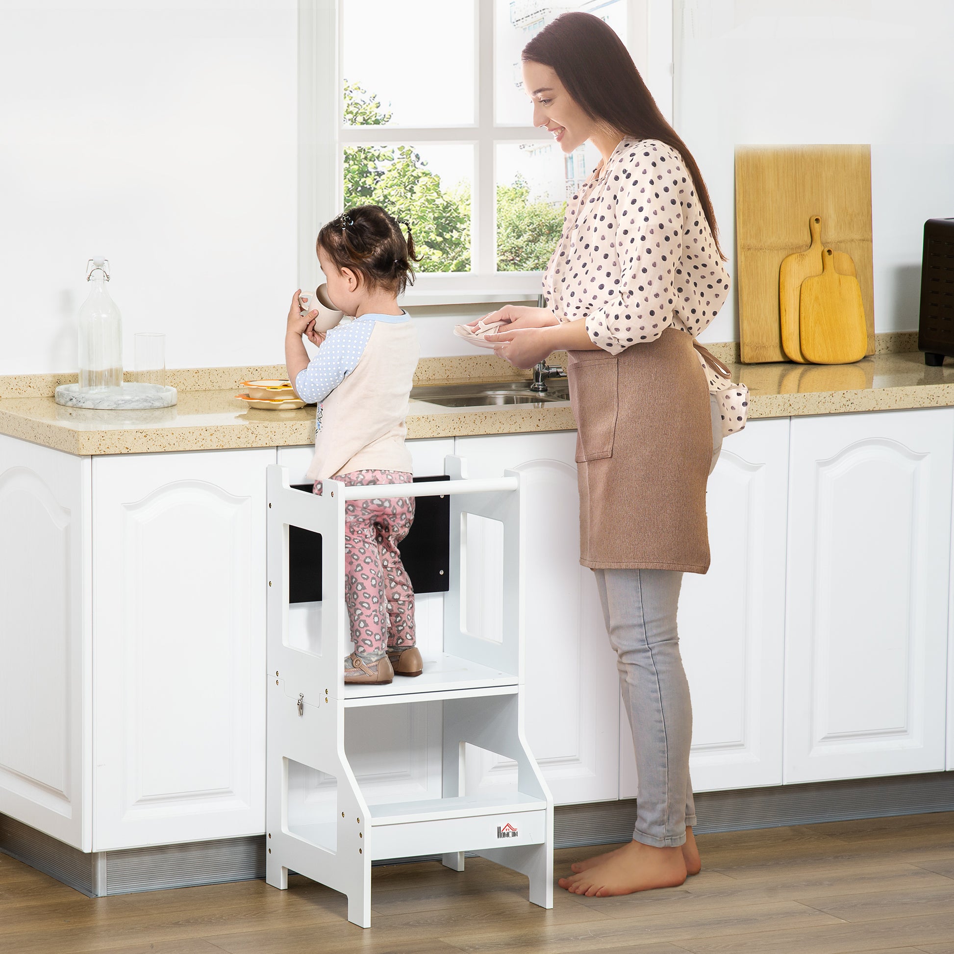 HOMCOM 2-in-1 Kids Step Stool, Toddler Table and Chair Set, with Safety Rail Chalkboard Kitchen Helper Standing Tower, White