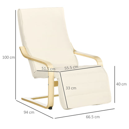 HOMCOM Wooden Lounging Chair Deck Relaxing Recliner Lounge Seat with Adjustable Footrest & Removable Cushion, Cream White