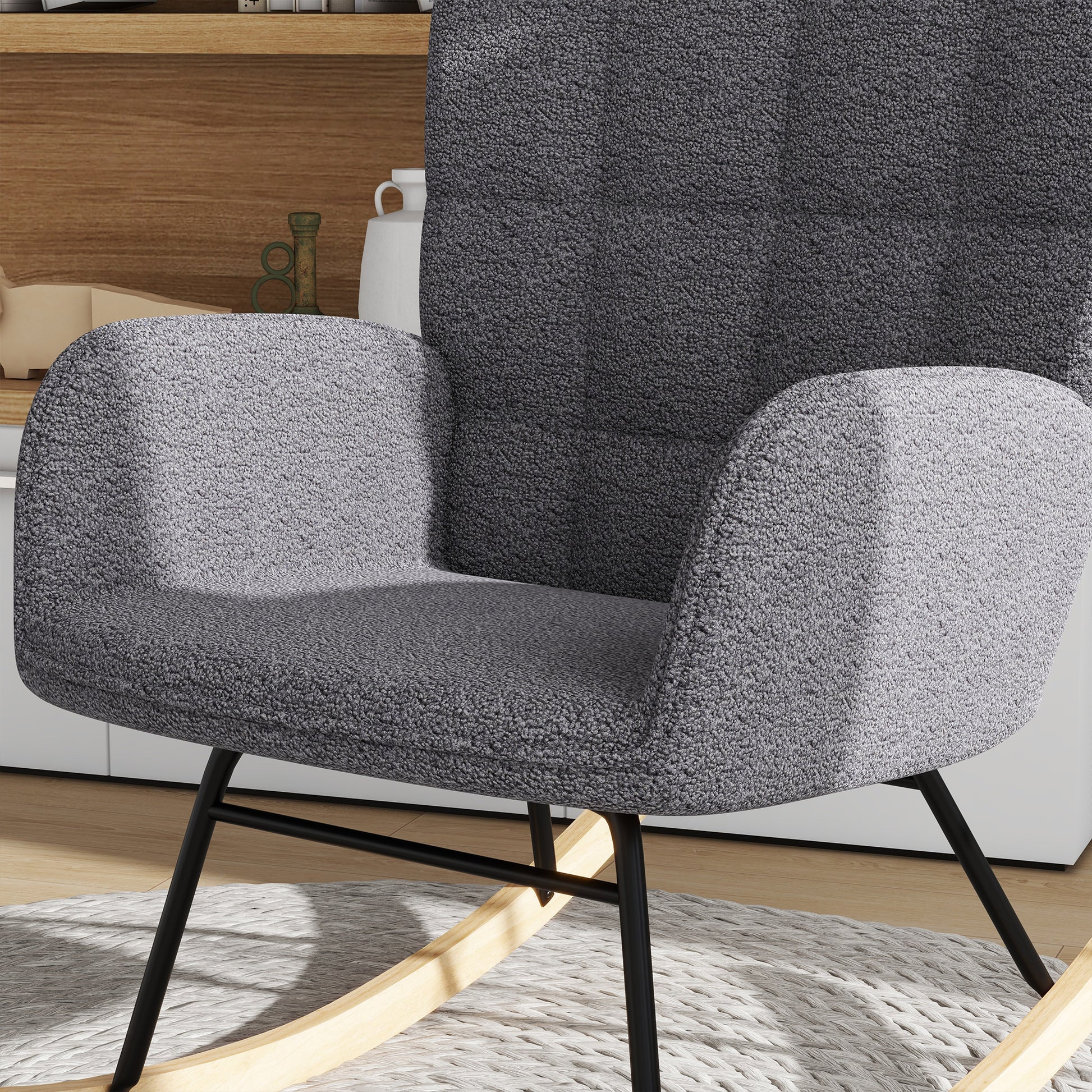 HOMCOM Wingback Rocking Chair for Nursing, Berber Fleece Nursery Glider Rocker, Modern Armchair for Living Room, Dark Grey