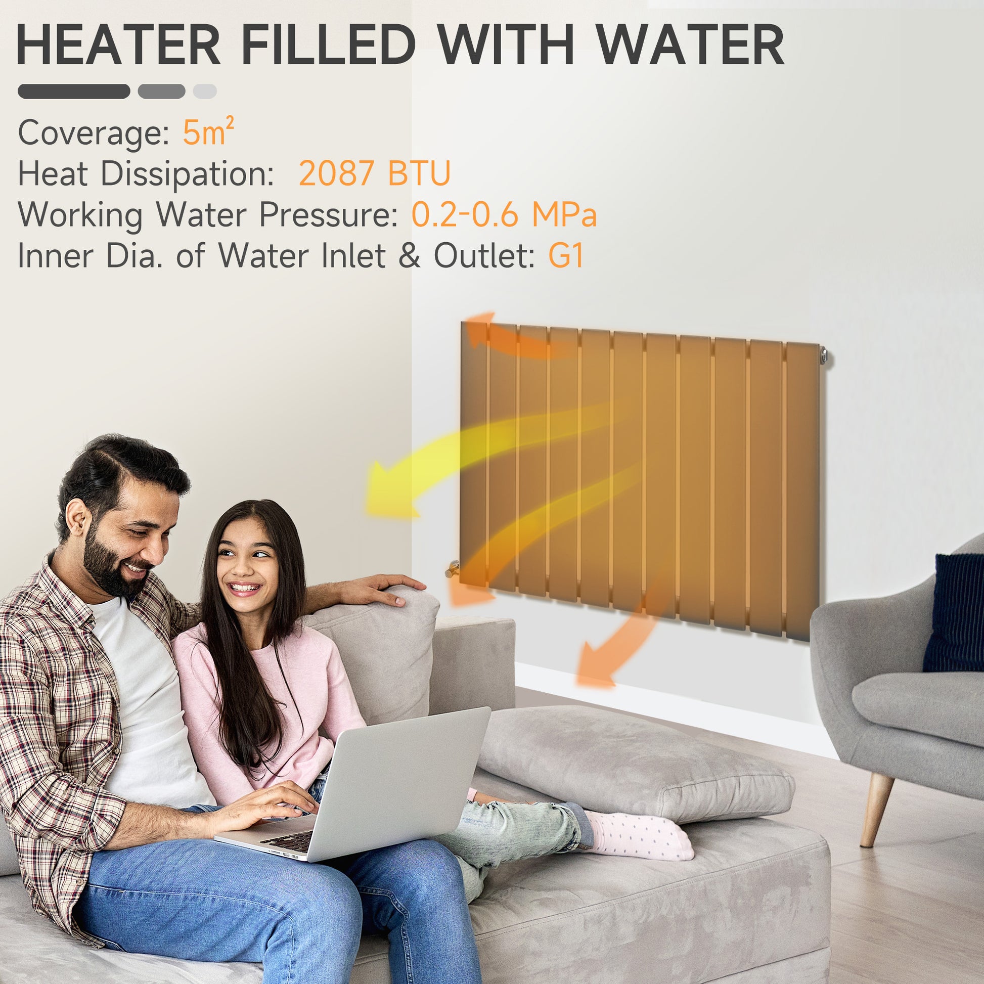 HOMCOM 83 x 60cm Space Heater, Water-filled Heater for Home, Single-layer Horizontal Designer Radiators, Quick Warm up Living room, Study Garage Grey