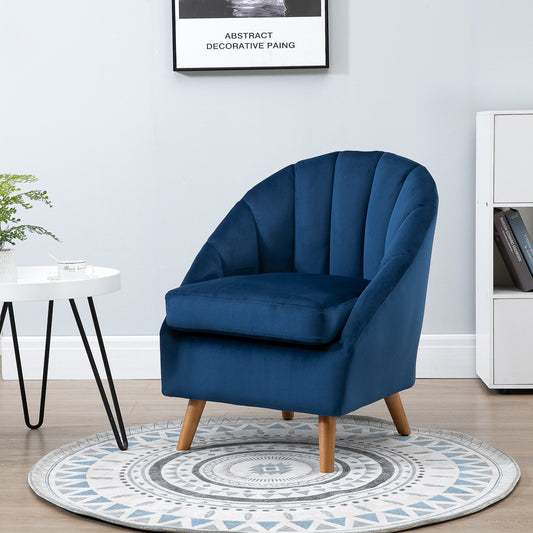 HOMCOM Accent Chair Velvet Fabric Single Sofa Armchair Home Living Room Solid Wood Leg Upholestered Side Armchair Blue