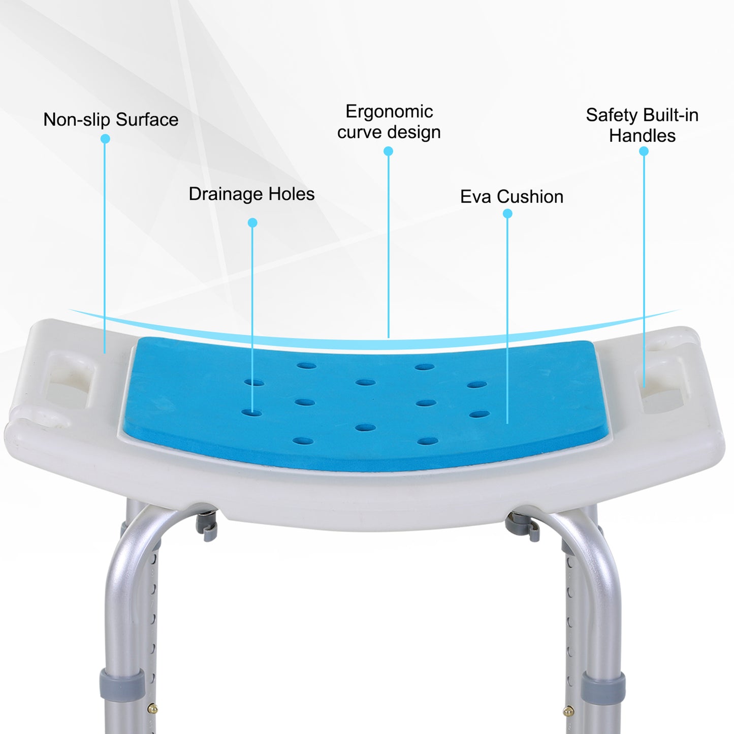 HOMCOM 6-Level Height Adjustable Aluminium Bath Room Stool Chair Shower Non-Slip Design w/ Padded Seat Drainiage Holes Foot Pad - Blue