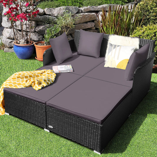 Rattan Garden 2 Seater Daybed Furniture Set  with Cushions-Grey