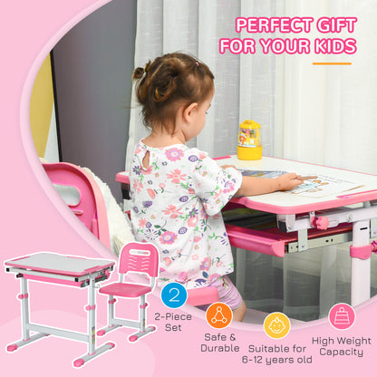 HOMCOM Kids Desk and Chair Set, Student Adjustable Writing Desk, with Drawer, Pen Slot, Hook - Pink