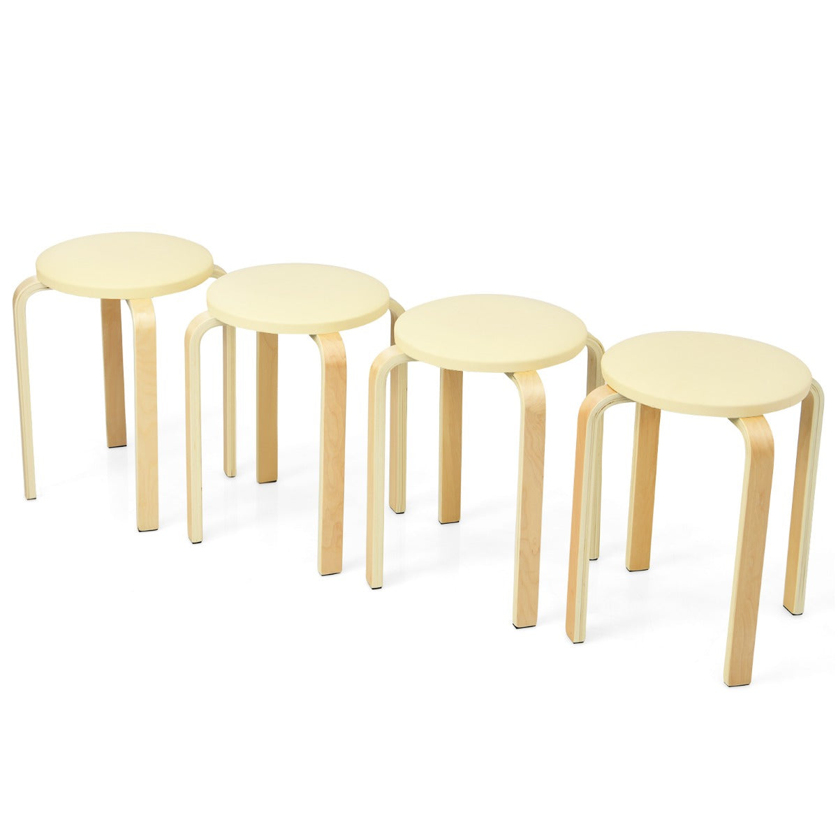 Set of 4 Padded Stackable Wooden Upholstered Round Bar Dining Stools-Natural