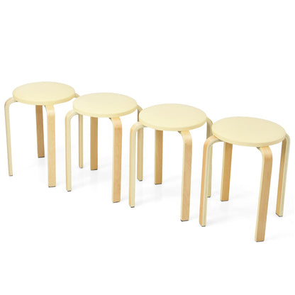 Set of 4 Padded Stackable Wooden Upholstered Round Bar Dining Stools-Natural