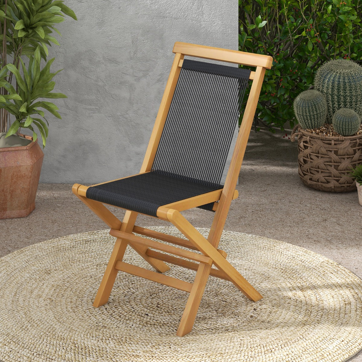 Solid Teak Wood Dining Chairs with Woven Rope Seat and Quick-Folding Portable Design