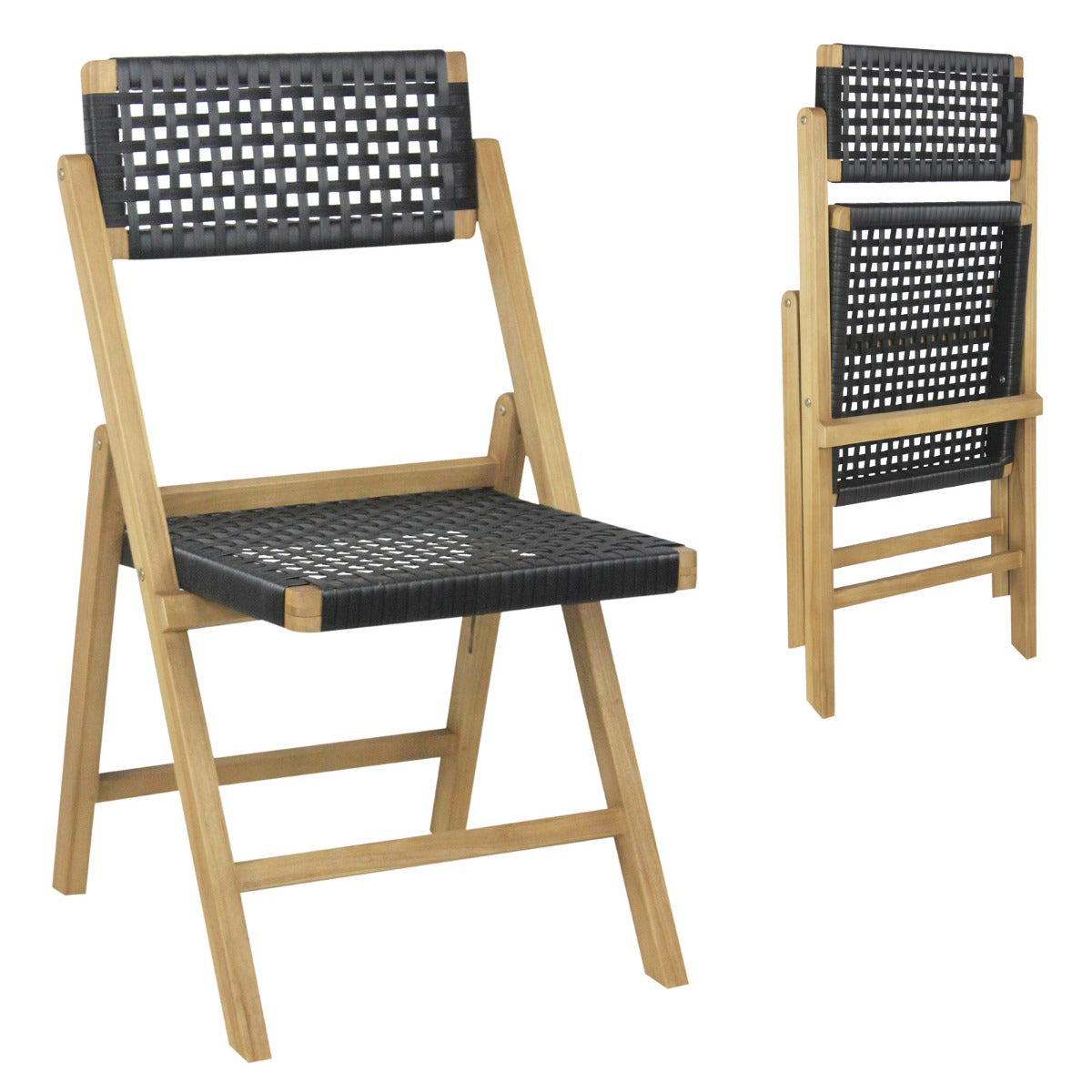 2 Piece Patio Folding Chairs with Woven Rope Seat and Back