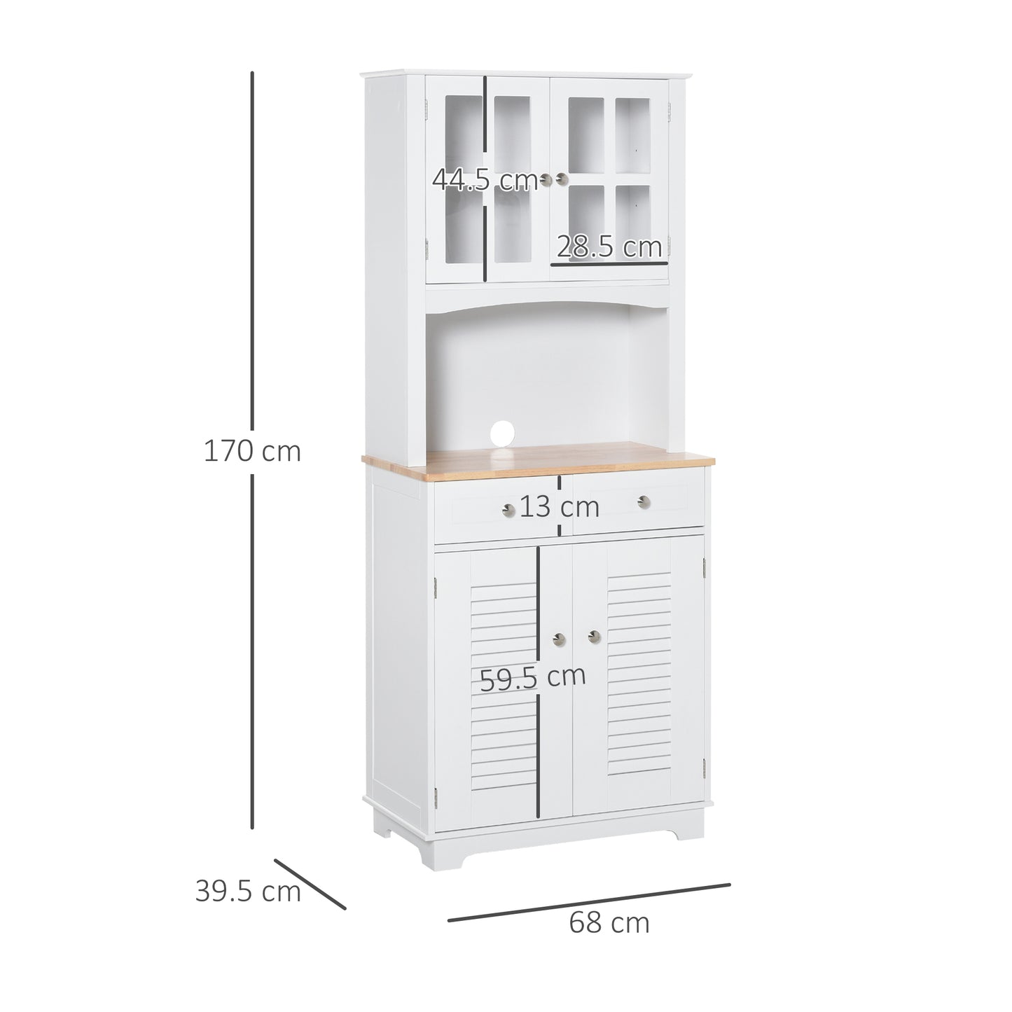 HOMCOM Modern Kitchen Cupboard, Louvered Kitchen Storage Cabinet with Framed Glass Doors and 2 Drawers, White