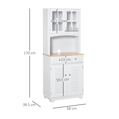 HOMCOM Modern Kitchen Cupboard, Louvered Kitchen Storage Cabinet with Framed Glass Doors and 2 Drawers, White