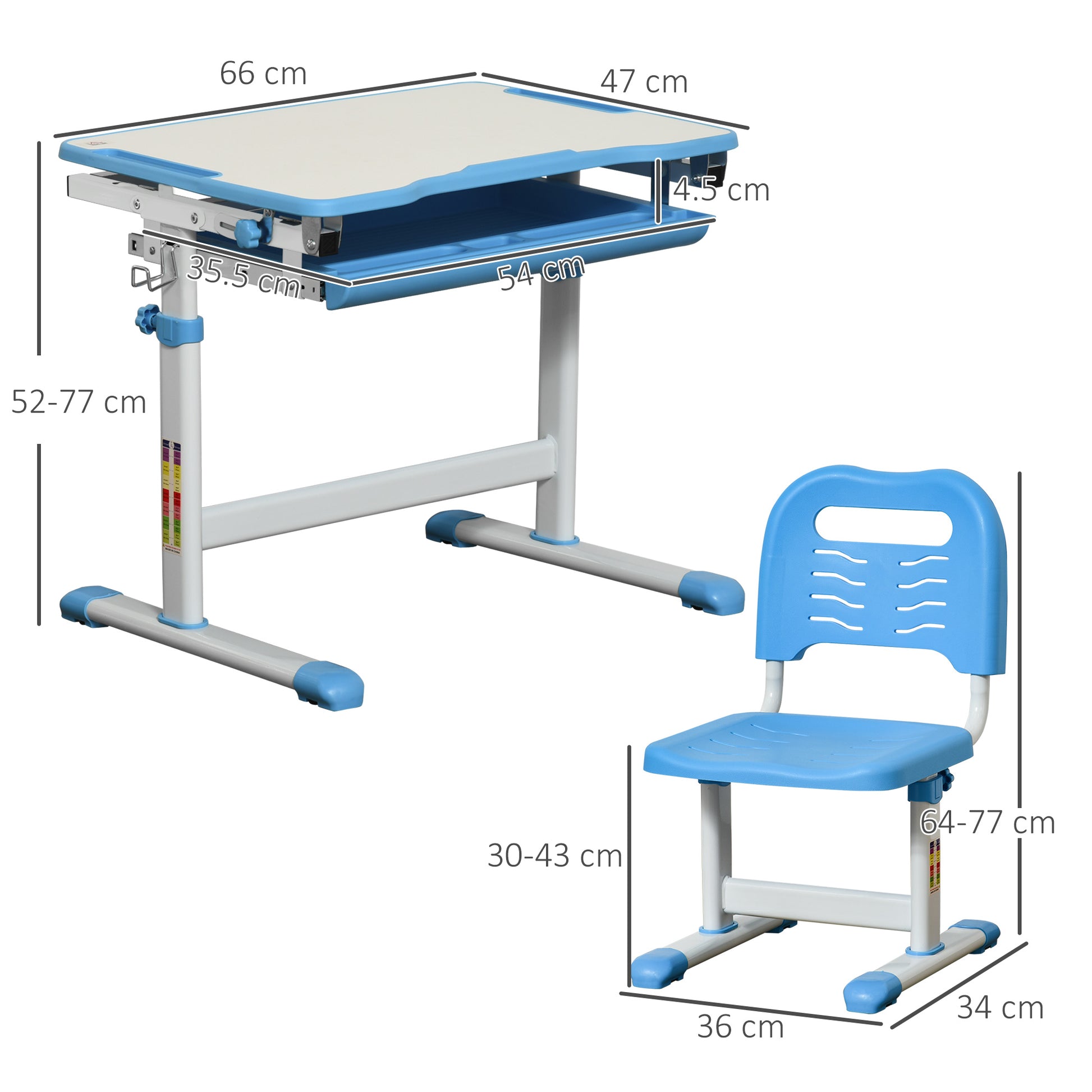 HOMCOM Kids Desk and Chair Set Height Adjustable Student Writing Desk Children School Study Table with Tiltable Desktop, Drawer, Pen Slot, Hook Blue