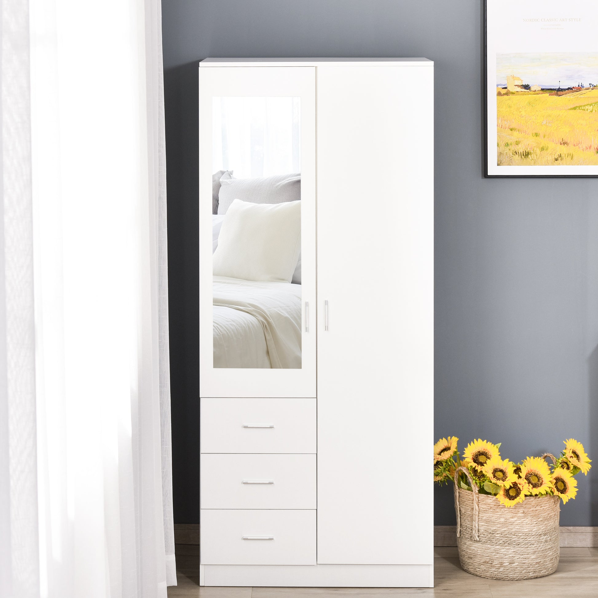 HOMCOM Modern Mirror Wardrobe 2 Door Storage Cupboards Home Storage Organisation Furniture with Adjustable Shelf, 3 Drawers, 80W x 50D x 180Hcm-Whit