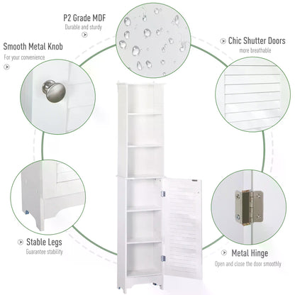 HOMCOM Freestanding Tallboy Bathroom Storage Cabinet w/ 6 Shelves Cupboard Tower Organisation Home Bathroom Furniture White