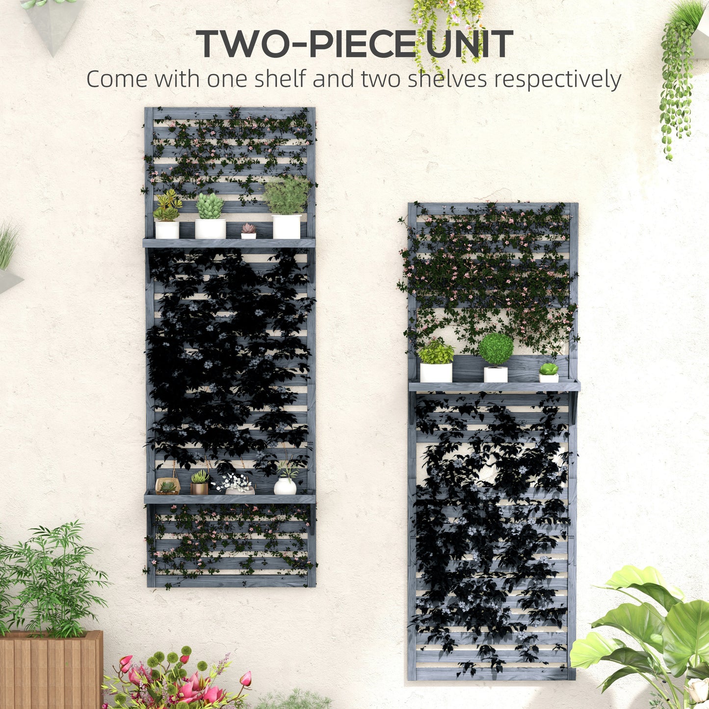 Outsunny Wall Mounted Plant Stands Set of 2, Fir Wood Flower Stand with Shelves and Slatted Trellis for Patio, Balcony, Porch Grey