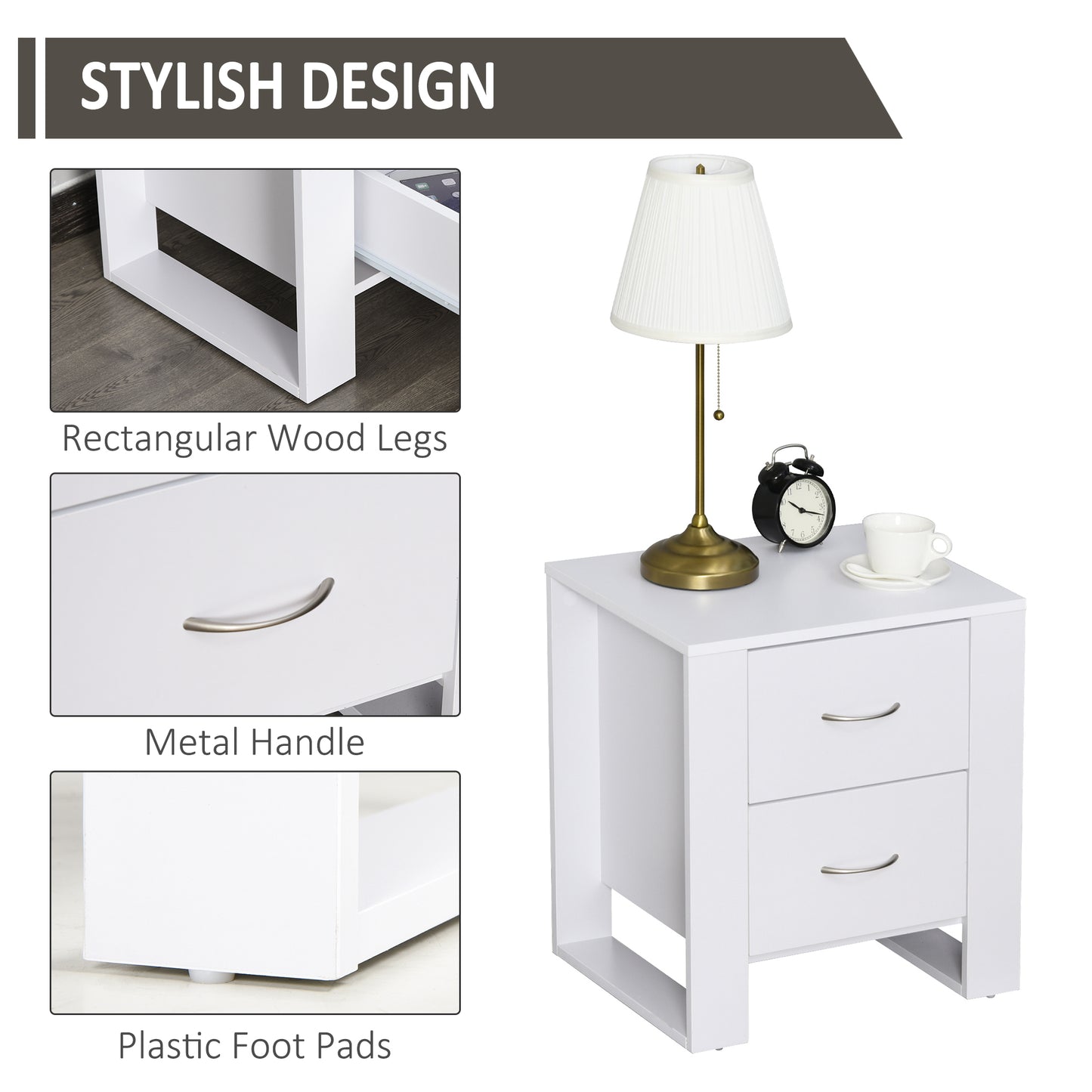 HOMCOM 2 Drawer Modern Boxy Bedside Table w/ Handles Elevated Base Melamine Coating Bedroom Storage Furniture Night Stand Organisation White