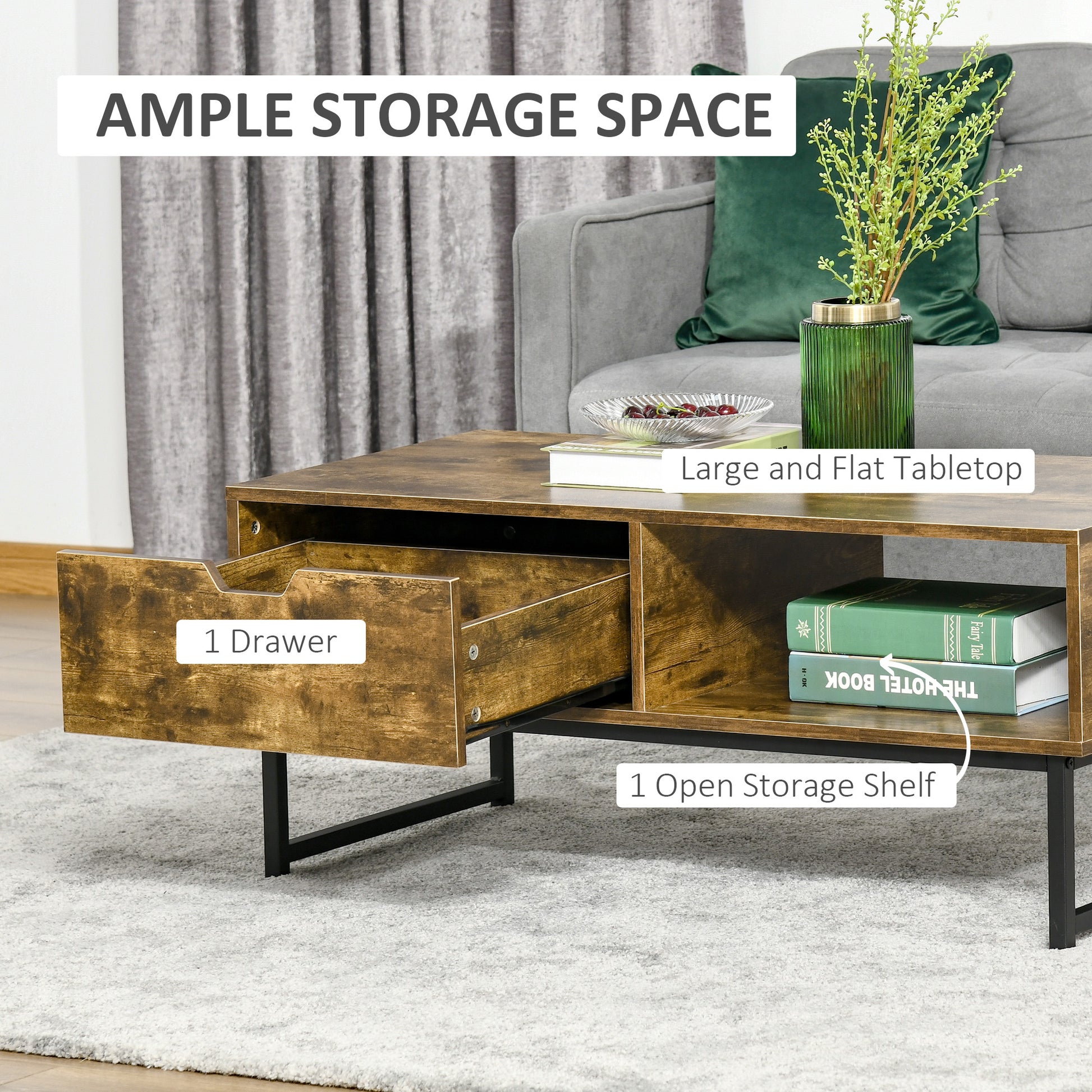 HOMCOM Industrial Coffee table Wooden End Table with Shortage Shelf and Drawer Modern Sofa Table Metal Frame, Rustic Brown 106W x 48D x 43H cm