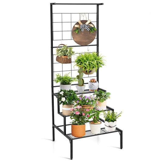 3-Tier Freestanding Plant Stand with Trellis and Hanging Rod