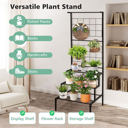 3-Tier Freestanding Plant Stand with Trellis and Hanging Rod