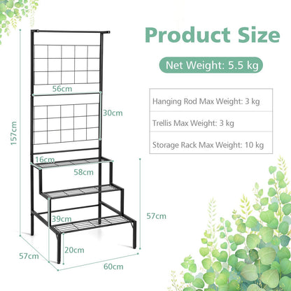 3-Tier Freestanding Plant Stand with Trellis and Hanging Rod