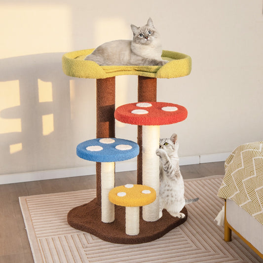 3-In-1 Cat Tree with 3 Full-Wrapped Sisal Posts and Removable Mat & Platforms-Multicolor