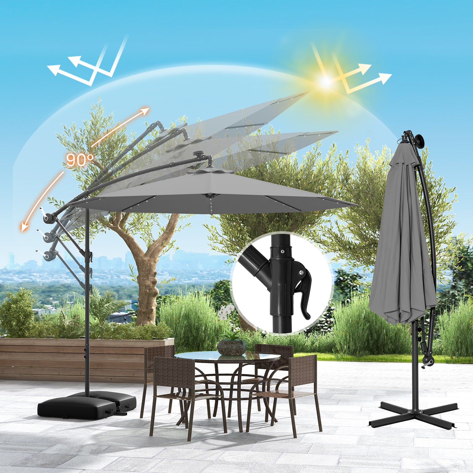 300cm Hanging Offset Umbrella with 40 LED Lights Solar Panel Batteries-Grey